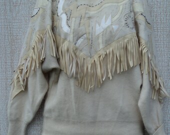 Vintage women's small appliqued sweater cream colors Ceders brand leather imitation snake skin fringe
