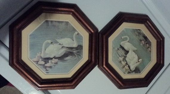 Vintage Home Interior Framed Pictures Swans On Lake Pond Repainted Frames Copper Wall Art Hanging