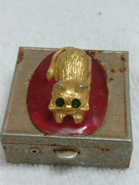 Vintage metal pill box cat adorned container gold 