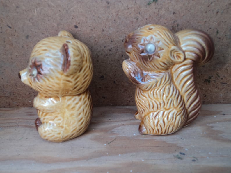 vintage ceramic squirrel and bear salt and pepper shakers with squiggly eyes