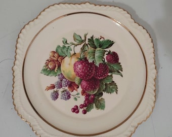 Vintage unbranded ceramic fruit themed gold trimmed 8.5" square salad plate