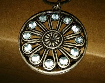 Pinwheel pendant light blue rhinestones necklace on 22" chain