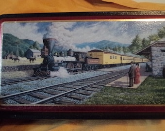 Collectible vintage B and O O R Railroad tin cookie keeper kitchen storage sewing room storage Americans first railroad classic engine