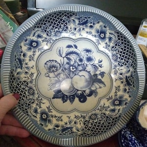 Metal Daher bowl blue and white patterned serving bowl fruit design peaches and flowers