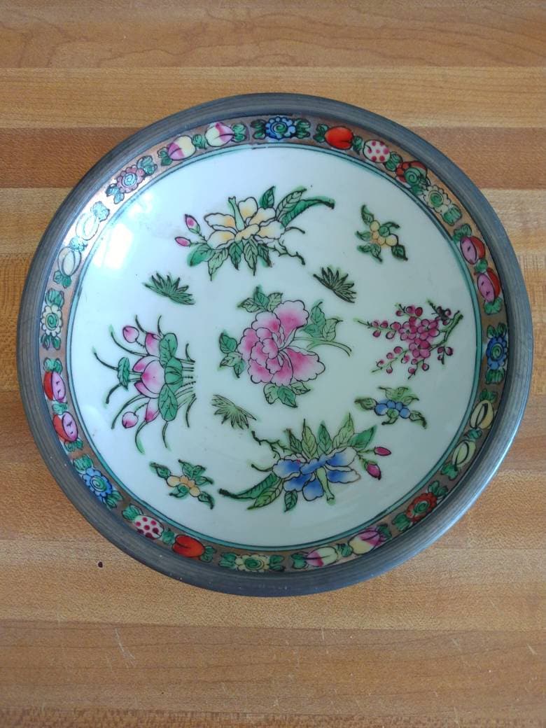 6 Inch Rice Bowl Vintage Japanese Porcelain Ware Pewter Encased 6 Inch Rice Bowl Vibrant ...