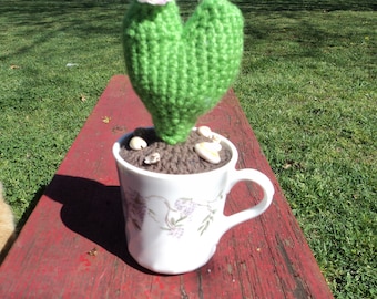 Valentines heart crocheted cactus succulent house plant cacti in a coffee cup artificial plant wisteria cup silk flower