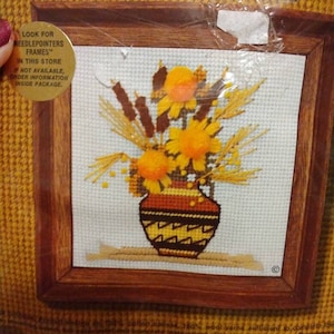 Vintage Sunset Designs crewelwork embroidery kit vase full of flowers cattails wheat and yellow flowers Yellow Wheat Bouquet