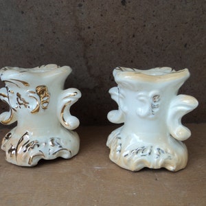 Vintage Victorian cream and gold trimmed ceramic porcelain tapered romantic candle holders