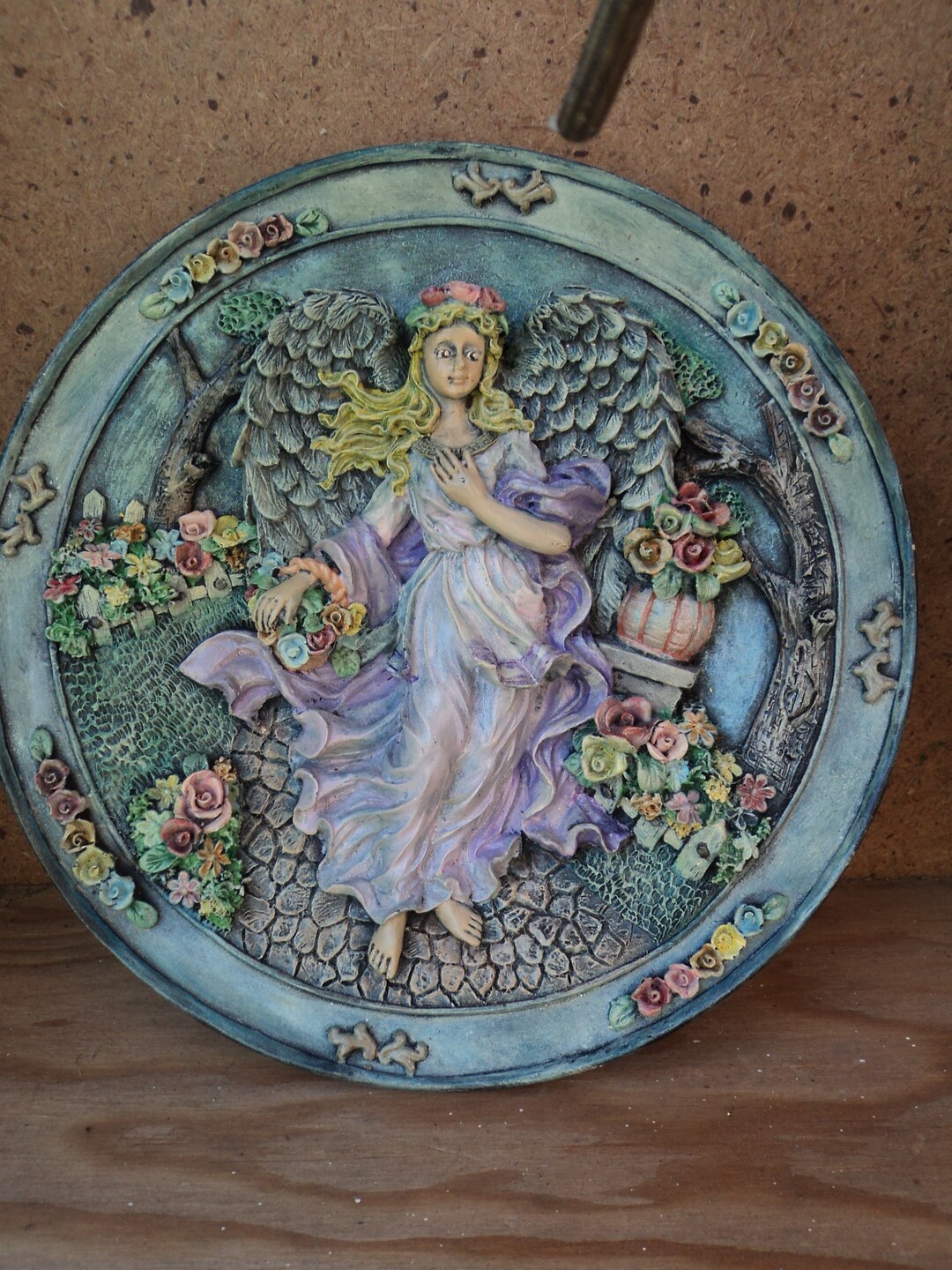 A Ceramic Hand Repainted Repurposed Recycled Angel Plate Flower Garden