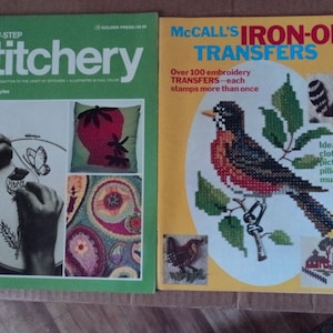 A set of two vintage crafting magazines Step by step embroidery instructions  and Mccall's iron-on transfers state flowers nature motifs