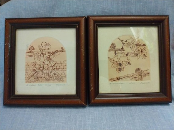 Vintage flowers numbered ink drawings Aleman 1980s pin and ink