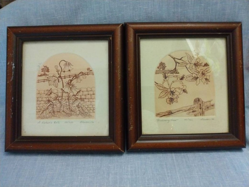 Op de afbeelding: Twee ingelijste prints van botanische illustraties. De linker print toont een bruine lijntekening van een bloeiende plant met de tekst "A Autumn Bell #1765  Rosamond." De rechter print toont een bruine lijntekening van een bloeiende tak met de tekst "Blooming Time #1723 Rosamond."