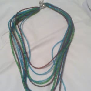 Vintage Multi strand beaded necklace greens blue and brown