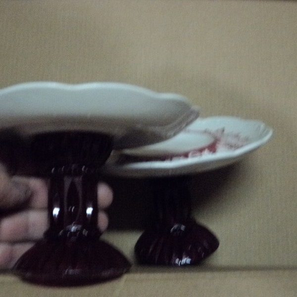 A set of vintage saucers recycled into a pair of candle holders trinket holders coin holder maroon grapevine design