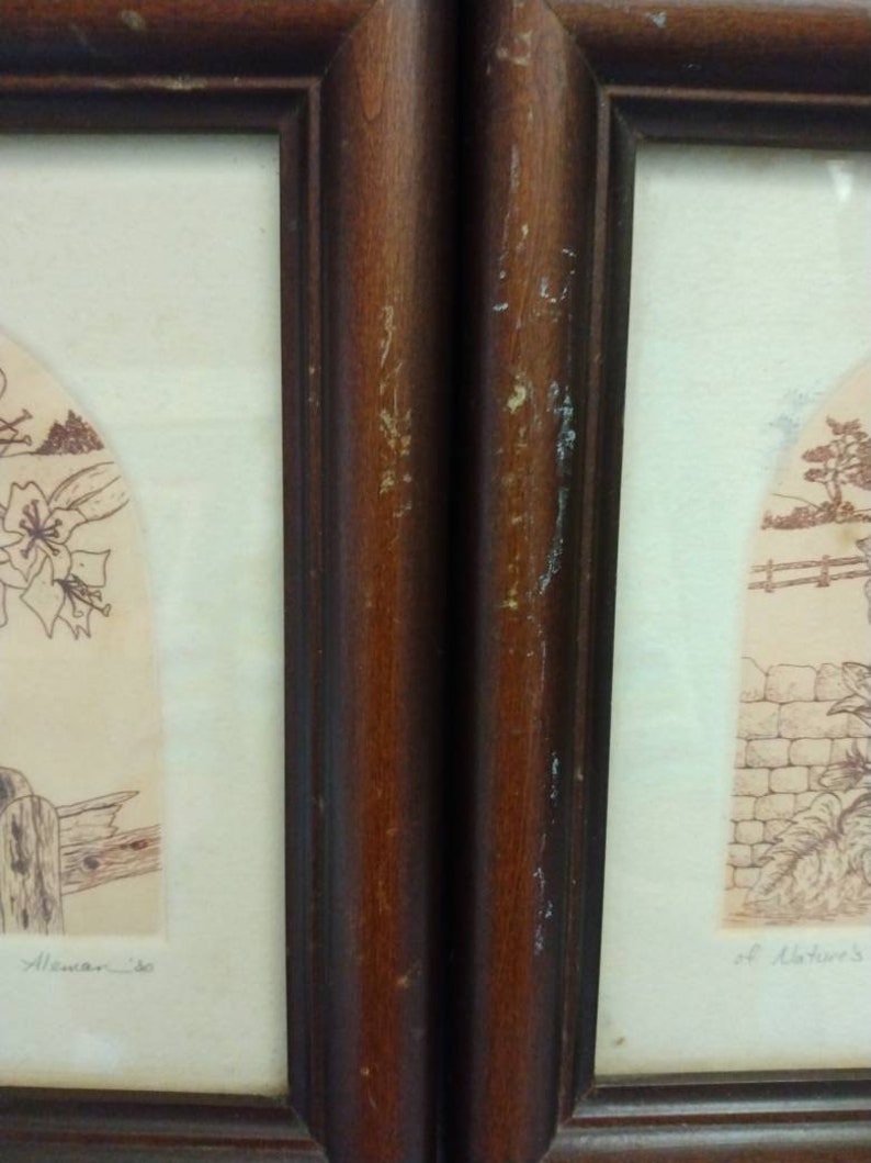 Op de afbeelding: Twee ingelijste prints met bruine houten lijsten. De prints zijn in zwart-wit en tonen een sc&egrave;ne met een hek en een bloem aan de linkerkant en een stenen muur en een boom aan de rechterkant. De prints zijn gesigneerd met "Allaman" en "of Nature's".