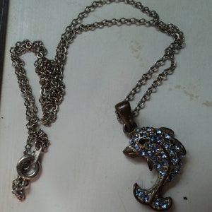 Vintage dolphin gem quartz encrusted pendant silver plated copper costume jewelry ocean necklace fish