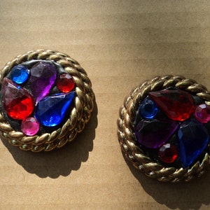 Vintage big pierced blue and red earrings sparkly shiny rhinestones costume jewelry