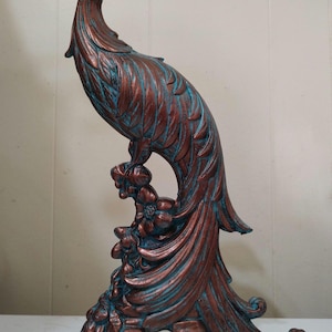 vintage pheasant California pottery century peacock figurine hand painted faux copper patina color