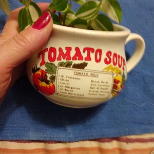 Vintage coffee tea soup mug tomato soup recipe with wandering Jew plant