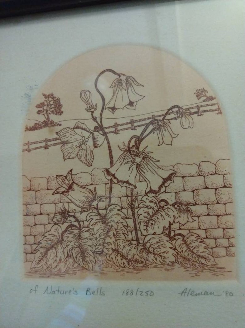 Op de afbeelding: Een bruine en witte print van een bloemenontwerp met de tekst "of Nature's Bells 188/250 Aleman '80".