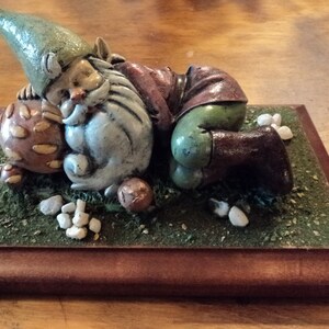 Recycled reclaimed wood reclining gnome magical fantasy decor shelf sitter hand painted figurine