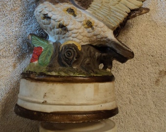 vintage ceramic owl music box figurine soft colors nature themed cabin decor man cave bird collection