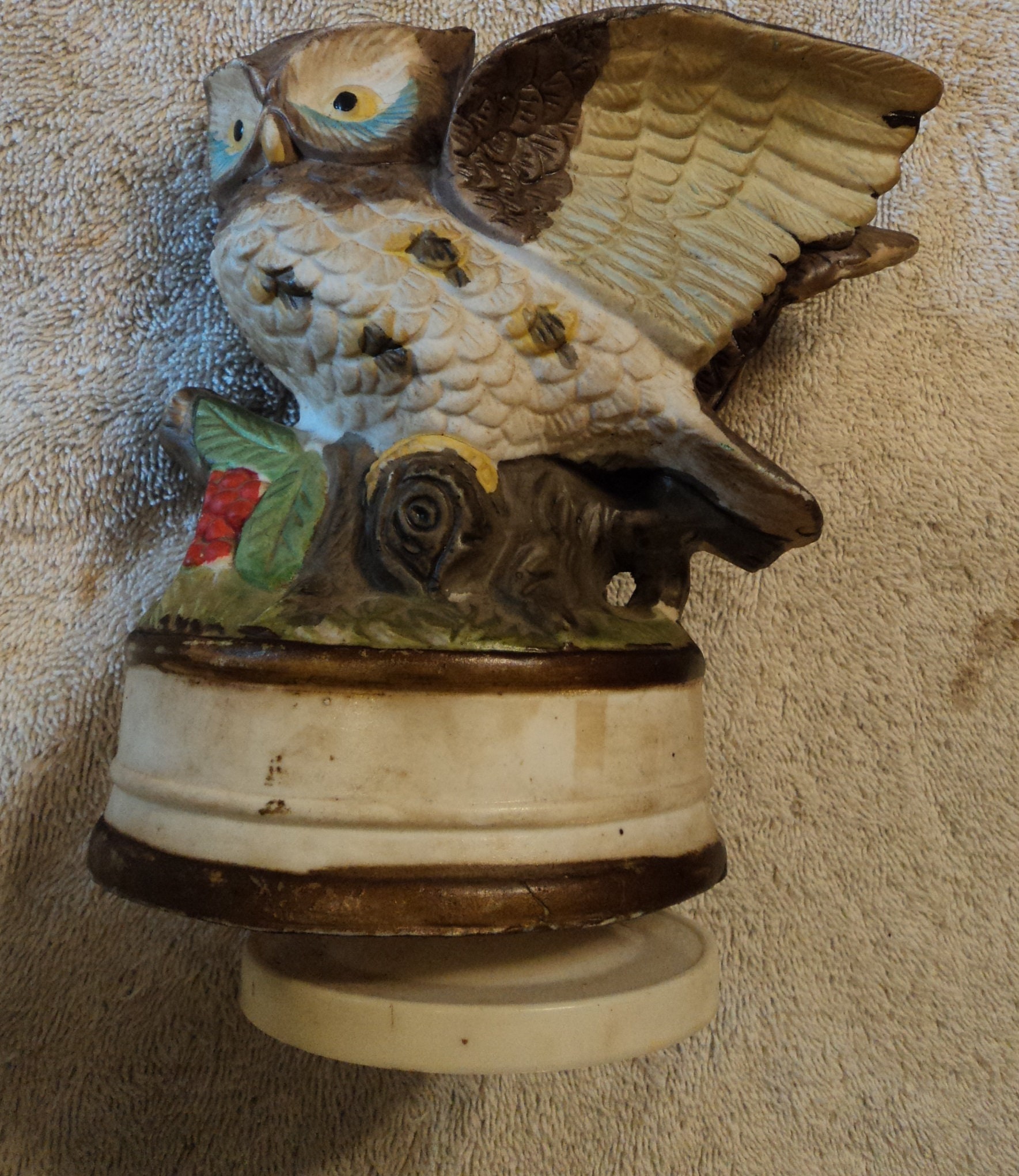vintage ceramic owl music box figurine soft colors nature themed cabin decor man cave bird collectio