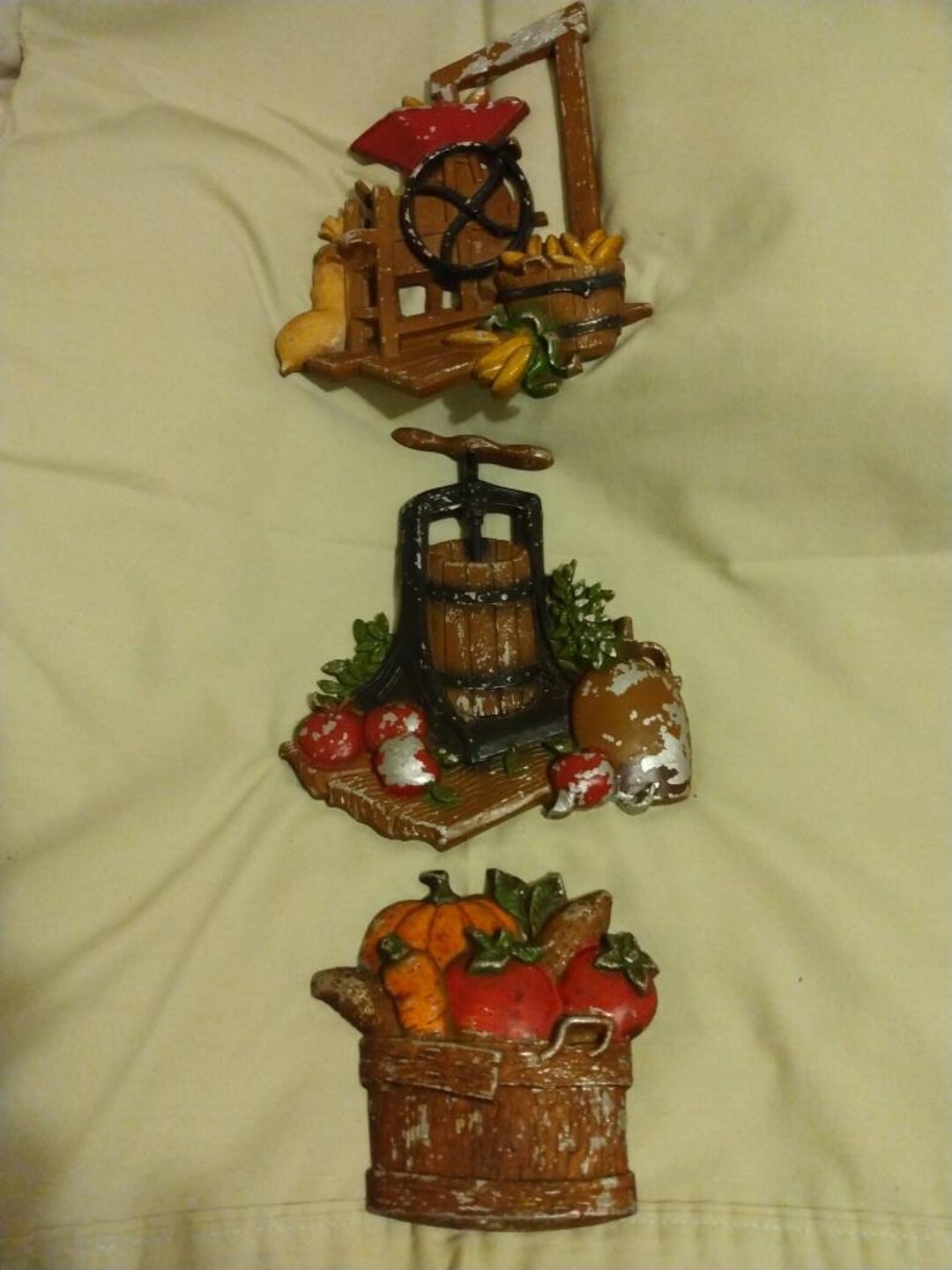 Vintage Sexton Metal Wall Plaques Corn Sheller Apple Press and Basket