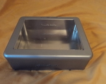 Collectible vintage Eddie Bauer clear front silver shadow box tin cookie keeper kitchen storage sewing room storage