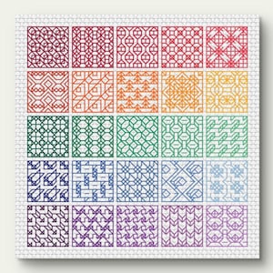 Sampler geometrico arcobaleno blackwork – Schema punto croce decorativo moderno in formato PDF