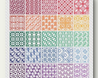 Geometric Rainbow Blackwork Sampler – Modern Decorative Cross Stitch Pattern PDF