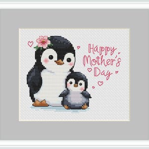 Penguins Cross Stitch Pattern, Happy Mothers Day gift, Modern Easy Embroidery, Mother and Baby Penguin, Animal Cross Stitch PDF, Family Love