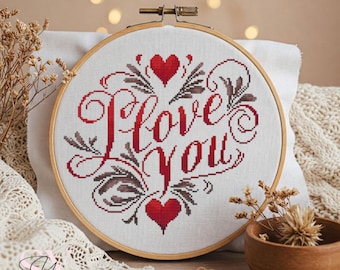 Patrón de punto de cruz "Te amo", regalo de boda de San Valentín, bordado, cita romántica en PDF