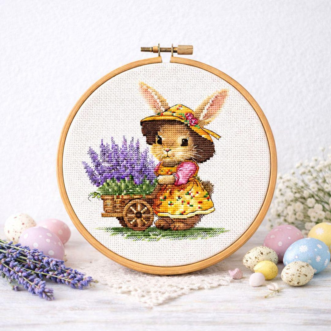 Lavender Easter Bunny Cross Stitch Pattern, Spring Rabbit Embroidery ...