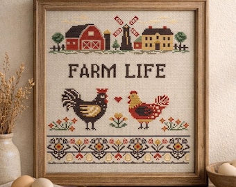 May include: Framed cross-stitch artwork with a farm theme. The design features a red barn, windmill, and house above the words "FARM LIFE." Below, a rooster and hen are depicted with a heart between them. The artwork is in a wooden frame.