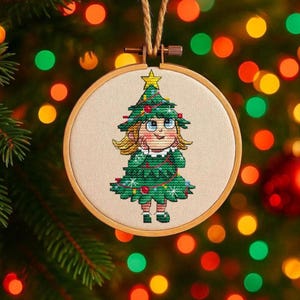 Christmas Tree Girl Cross Stitch Ornament PDF. Christmas Decoration. Plastic Canvas Pattern.