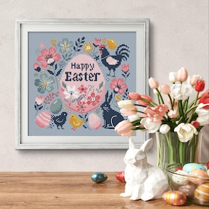 Easter Cross Stitch Pattern, Easter Embroidery Design, Easter Bunny and Colored Eggs, Spring Pattern, Pastel Color Sampler Embroidery