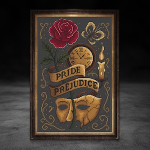 Pride and Prejudice Cross Stitch Pattern, Gothic Literary Gift, Romantic Rose & Mask Sampler PDF