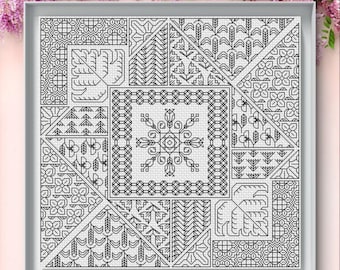 Modern Geometric Blackwork Sampler Cross Stitch Pattern PDF – Structured Folk Embroidery Design