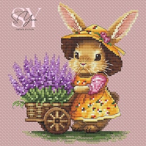 Bunny With Lavender Cross Stitch Pattern, Cute Bunny Cross Stitch Design, Lavender Mood Cross Stitch, Easter Spring Flower Embroidery