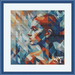 May include: Abstract portrait of a person with a blue, orange, and white geometric pattern. The person's face is in profile and their hair is red.
