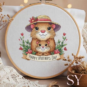 Happy Mother&#39;s Day Cross Stitch Pattern. Beaver Family Love. Cute Cross Stitch Design for Mom.