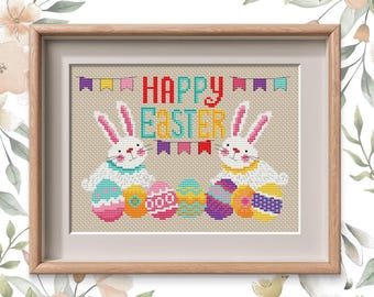 Happy Easter Sampler with Bunny and Eggs, Spring Holiday Counted Stitch PDF