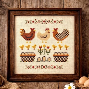 Primitive Hen Sampler Cross Stitch Pattern, Country Chicken Embroidery PDF, Folk Farm Stitch