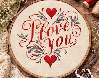 Love You Cross Stitch Pattern, Farmhouse Heart Sampler PDF, Rustic Folk Decor Embroidery