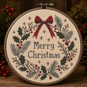 Primitief kerstborduurpatroon in PDF-formaat, kerstsampler in folkloristische stijl, rustieke boerderijdecoratie voor de feestdagen