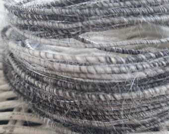 Hand spun fiber wire in 100% natural alpaca in white, black, and shades of gray.  Fiber covered copper wire.