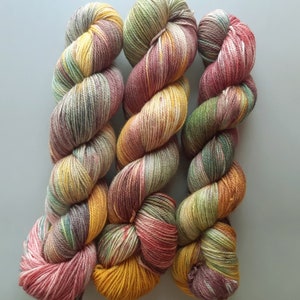 Rose Garden.  Hand-Dyed sock yarn.  Superwash Merino, Tussah silk, Nylon, Bamboo