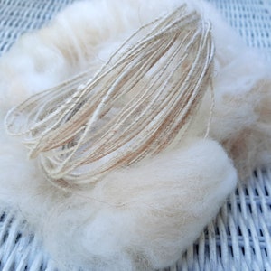 May include: A close-up of a bundle of natural fiber yarn, with a cream color, wrapped around a skein of cream-colored yarn.