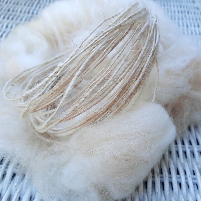 May include: A close-up of a bundle of natural fiber yarn, with a cream color, wrapped around a skein of cream-colored yarn.